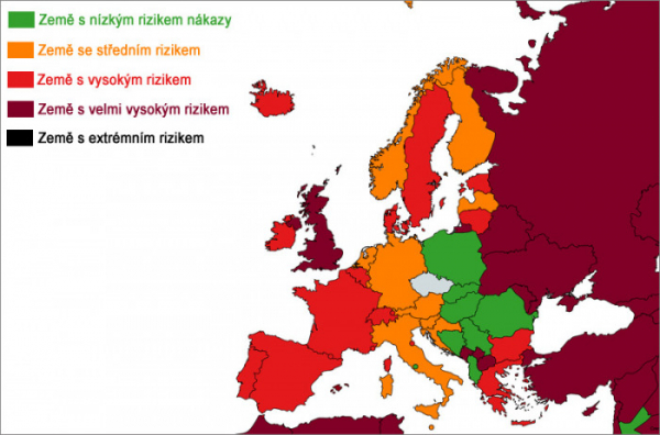 Do červené kategorie zemí s vysokou mírou rizika nákazy se v Evropě přesune dalších pět zemí